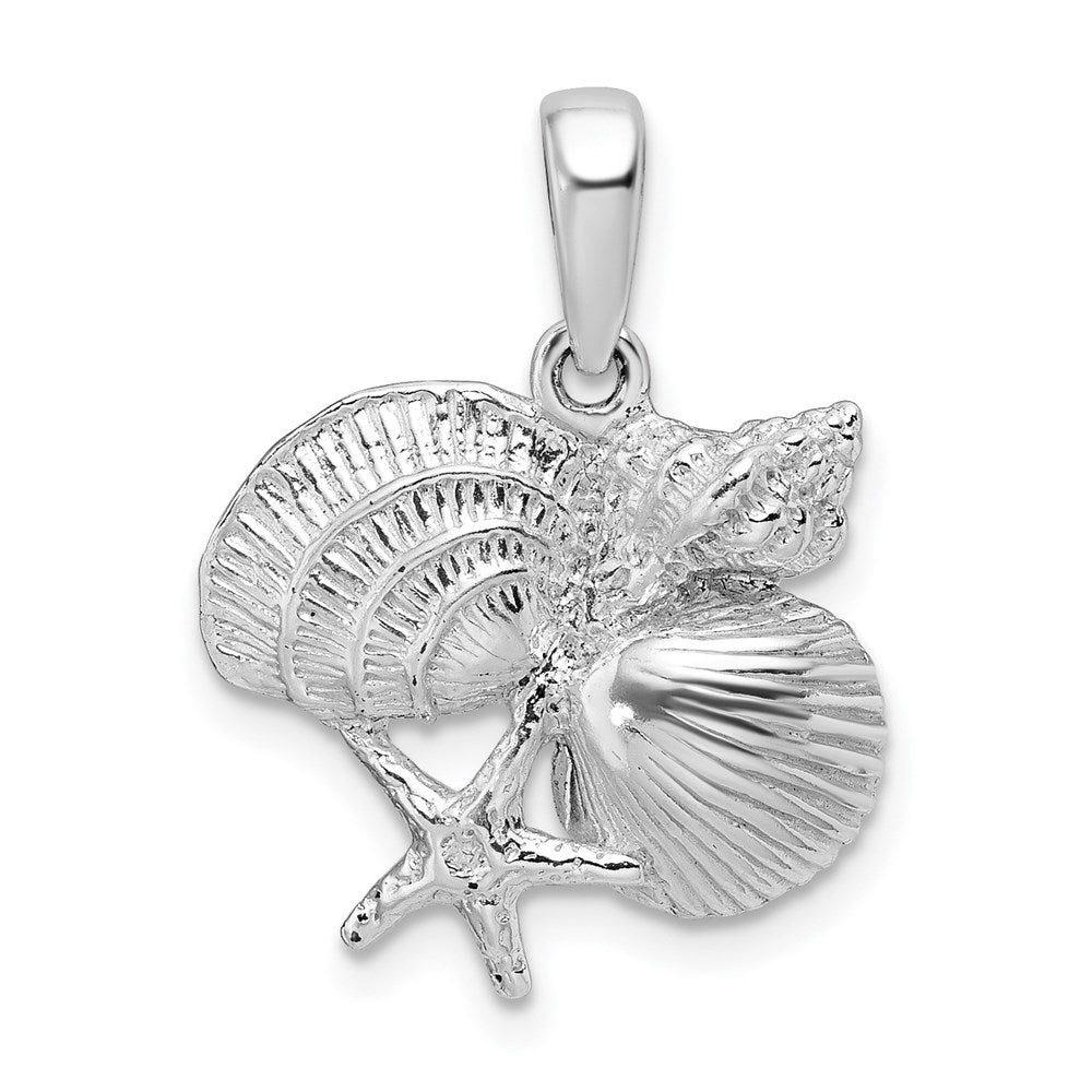 Million Charms 925 Sterling Silver Nautical Sea Life  Charm Pendant, Four Shell Cluster Pendant, 2-D