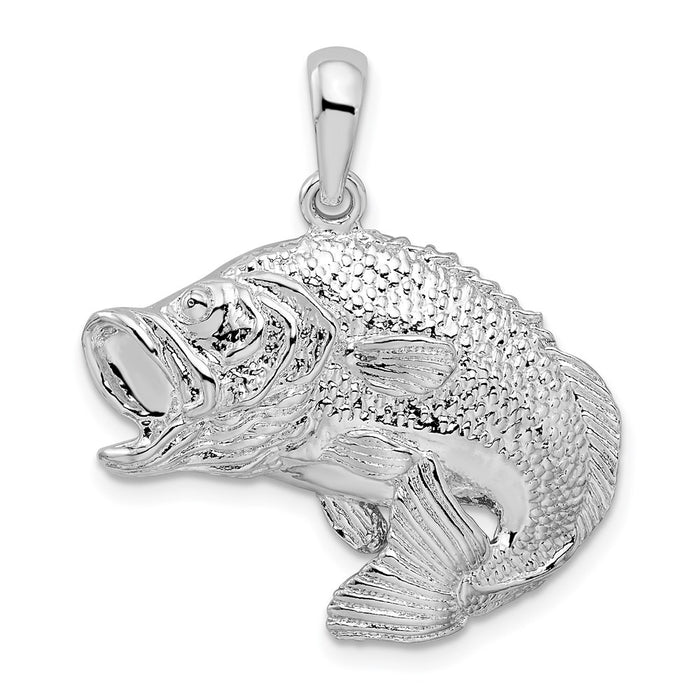 Million Charms 925 Sterling Silver Sea Life Nautical Charm Pendant, Bass Fish Jumping, 2-D