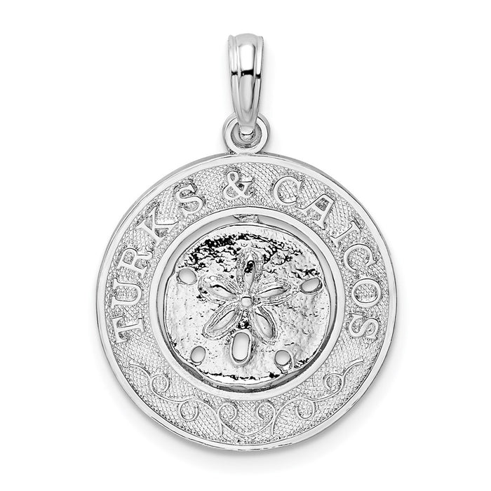 Million Charms 925 Sterling Silver Travel Charm Pendant, Turks & Caicos On Round Frame with Sand Dollar Center