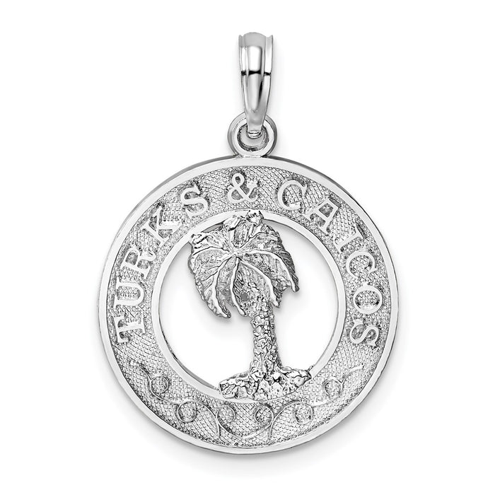 Million Charms 925 Sterling Silver Travel Charm Pendant, Turks & Caicos On Round Frame with Palm Tree Center