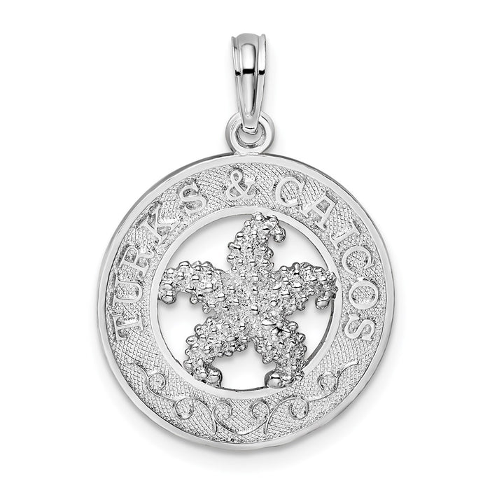 Million Charms 925 Sterling Silver Travel  Charm Pendant, Turks & Caicos On Round Frame with Starfish Center