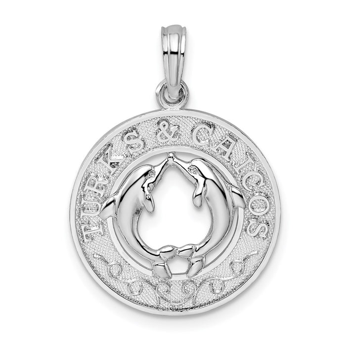 Million Charms 925 Sterling Silver Travel Charm Pendant, Turks & Caicos On Round Frame with Dolphins In Center