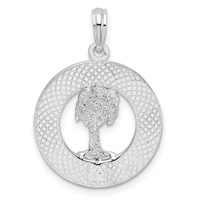 Million Charms 925 Sterling Silver Travel Charm Pendant, Siesta Key, FL On Round Frame with Palm Tree Center