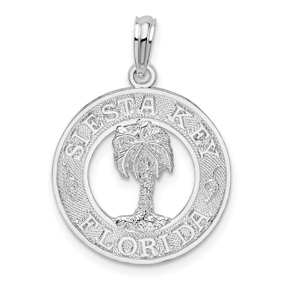 Million Charms 925 Sterling Silver Travel Charm Pendant, Siesta Key, FL On Round Frame with Palm Tree Center