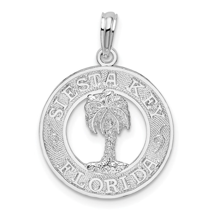 Million Charms 925 Sterling Silver Travel Charm Pendant, Siesta Key, FL On Round Frame with Palm Tree Center