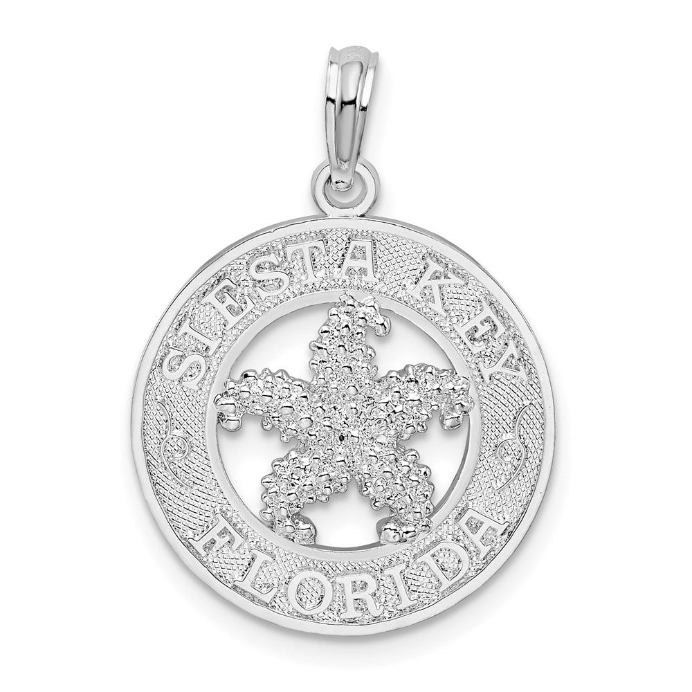 Million Charms 925 Sterling Silver Travel  Charm Pendant, Siesta Key, Fl On Round Frame with Starfish Center