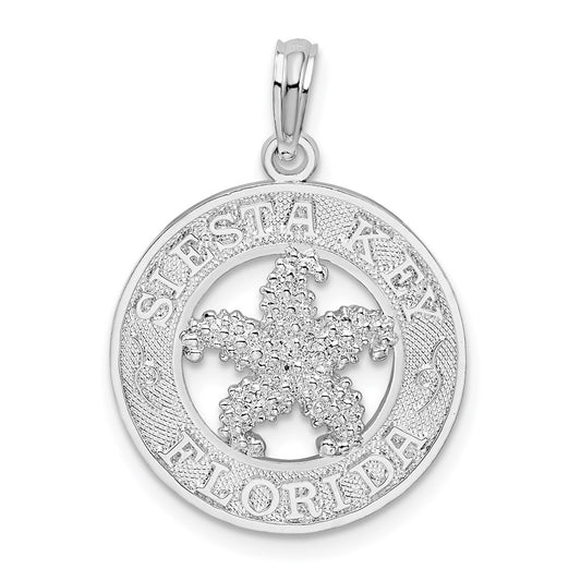 Million Charms 925 Sterling Silver Travel  Charm Pendant, Siesta Key, Fl On Round Frame with Starfish Center