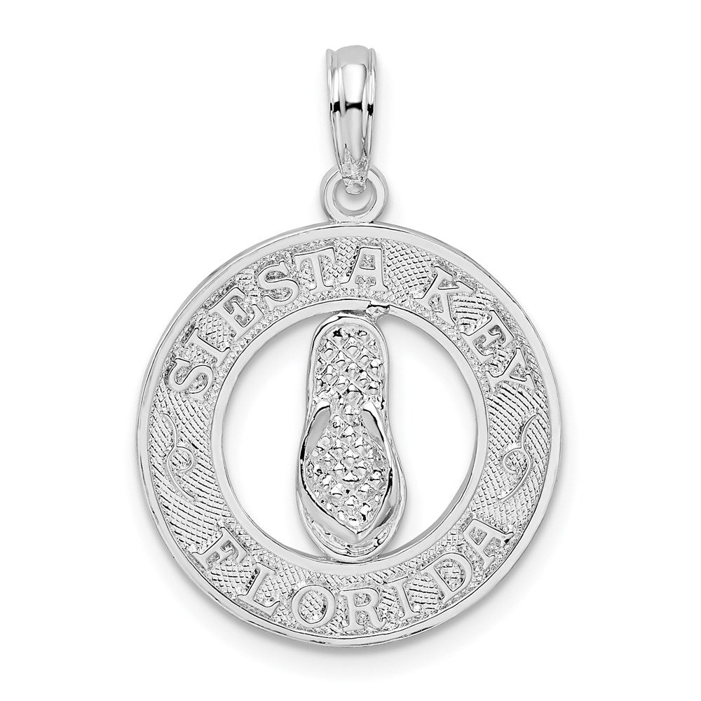 Million Charms 925 Sterling Silver Travel Charm Pendant, Siesta Key, FL On Round Frame with Flip-Flop Center