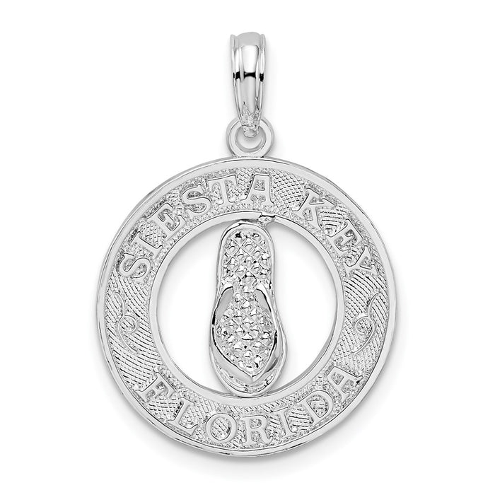 Million Charms 925 Sterling Silver Travel Charm Pendant, Siesta Key, FL On Round Frame with Flip-Flop Center