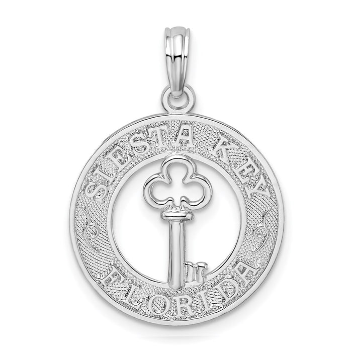 Million Charms 925 Sterling Silver Travel Charm Pendant, Siesta Key, FL On Round Frame with Key Center