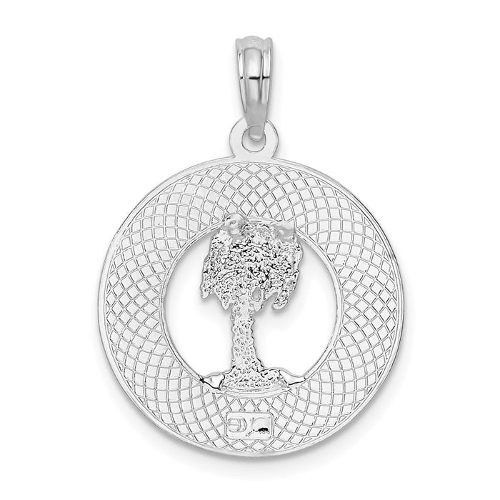 Million Charms 925 Sterling Silver Travel Charm Pendant, Key West On Round Frame with Palm Tree Center