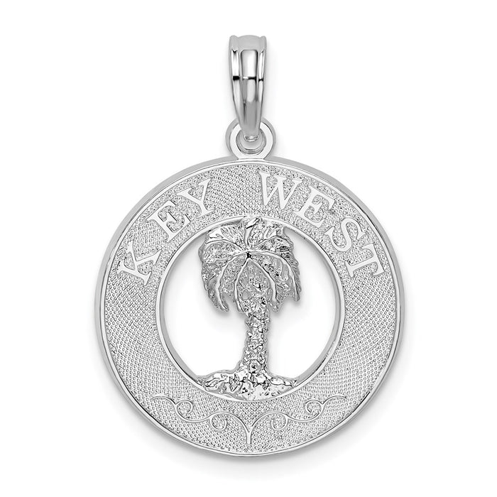 Million Charms 925 Sterling Silver Travel Charm Pendant, Key West On Round Frame with Palm Tree Center