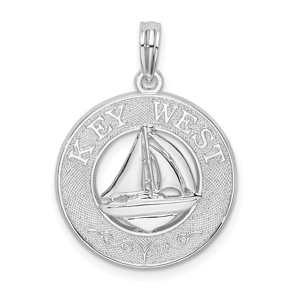 Million Charms 925 Sterling Silver Travel Charm Pendant, Key West On Round Frame with Sailboat Center