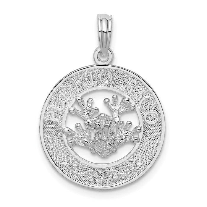 Million Charms 925 Sterling Silver Travel Charm Pendant, Puerto Rico On Round Frame with Frog Center