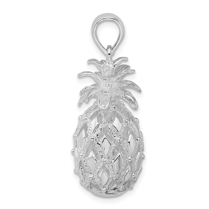 Million Charms 925 Sterling Silver Charm Pendant, Large  3-D Pineapple, Cut-Out, High Polish & Textured