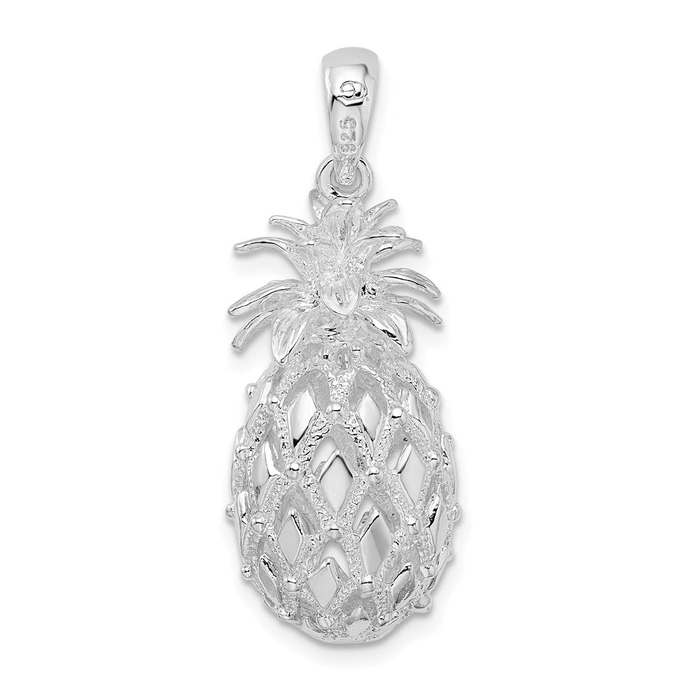 Million Charms 925 Sterling Silver Charm Pendant, Large  3-D Pineapple, Cut-Out, High Polish & Textured