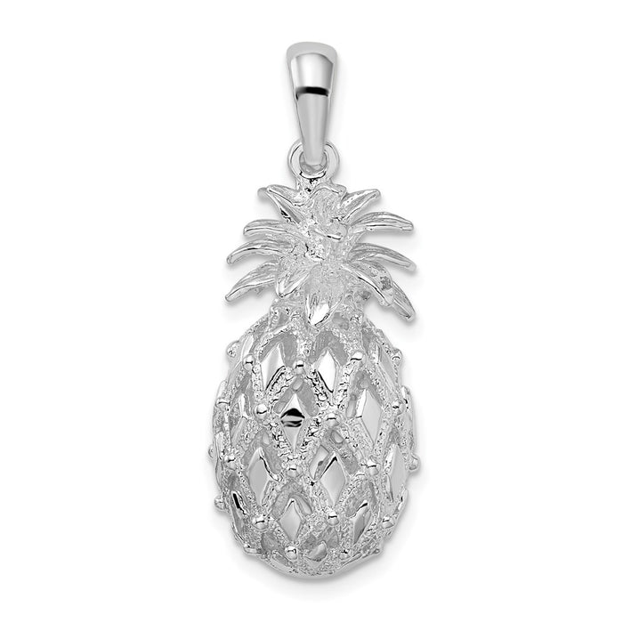 Million Charms 925 Sterling Silver Charm Pendant, Large  3-D Pineapple, Cut-Out, High Polish & Textured
