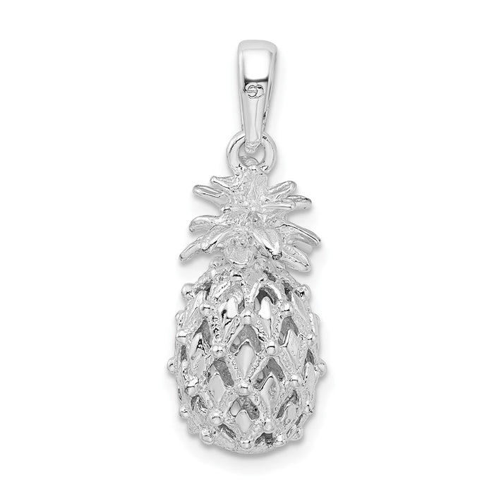 Million Charms 925 Sterling Silver Charm Pendant, Medium 3-D Pineapple, Cut-Out, High Polish & Textured