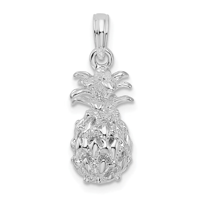 Million Charms 925 Sterling Silver Charm Pendant, Small 3-D Pineapple, Cut-Out, High Polish & Textured