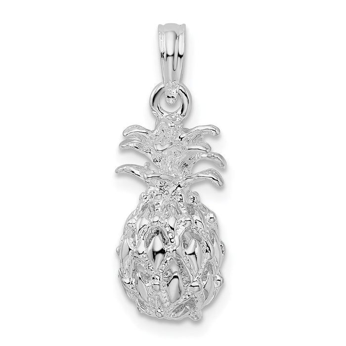 Million Charms 925 Sterling Silver Charm Pendant, Small 3-D Pineapple, Cut-Out, High Polish & Textured
