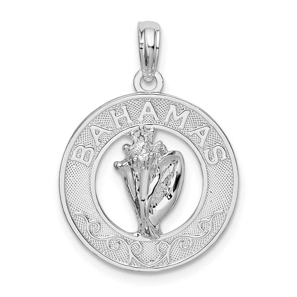 Million Charms 925 Sterling Silver Travel Charm Pendant, Bahamas On Round Frame with Conch Shell Center