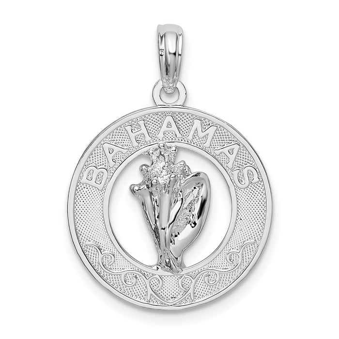 Million Charms 925 Sterling Silver Travel Charm Pendant, Bahamas On Round Frame with Conch Shell Center