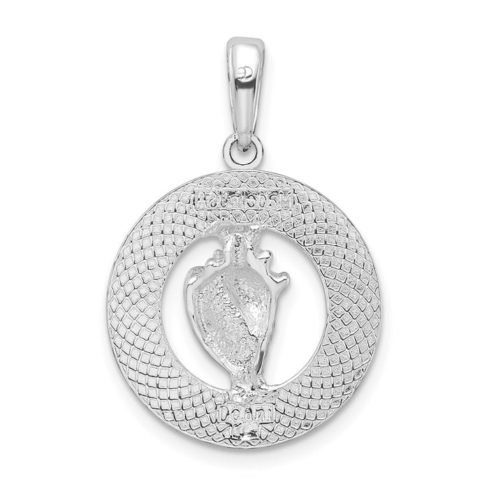 Million Charms 925 Sterling Silver Travel Charm Pendant, Antigua, W.I. On Round Frame with Conch Shell Center