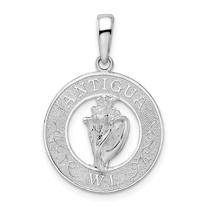 Million Charms 925 Sterling Silver Travel Charm Pendant, Antigua, W.I. On Round Frame with Conch Shell Center