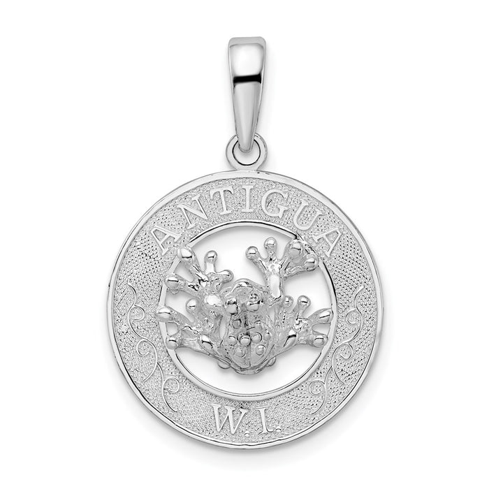 Million Charms 925 Sterling Silver Travel Charm Pendant, Antigua, W.I. On Round Frame with Frog Center