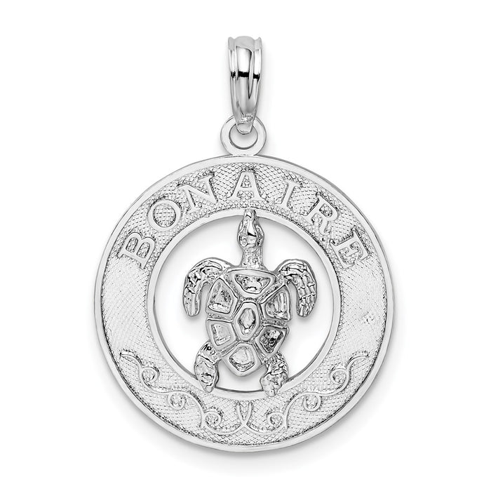 Million Charms 925 Sterling Silver Travel Charm Pendant, Bonaire On Round Frame with Turtle Center