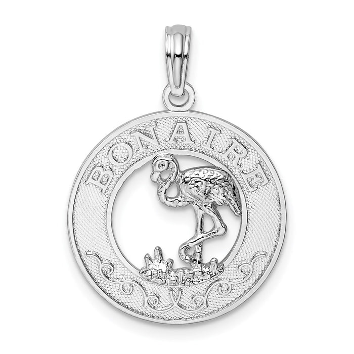 Million Charms 925 Sterling Silver Travel Charm Pendant, Bonaire On Round Frame with Flamingo Center