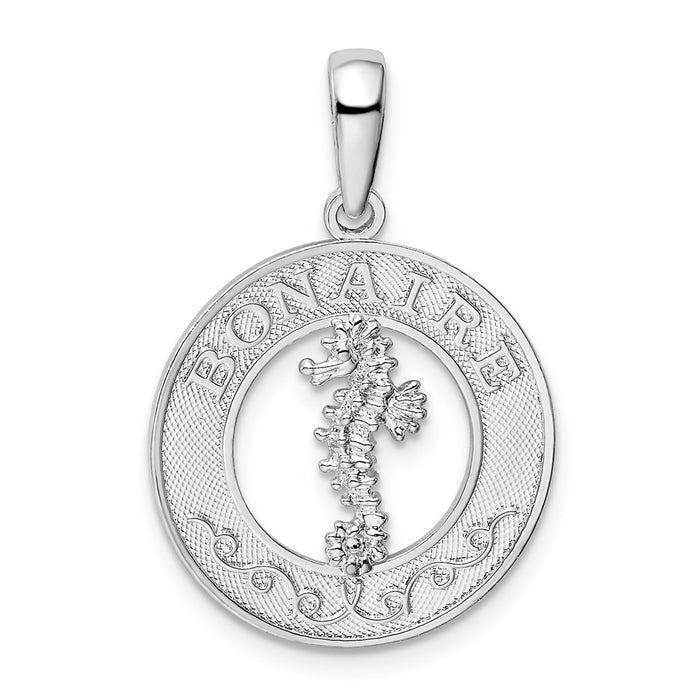 Million Charms 925 Sterling Silver Travel Charm Pendant, Bonaire On Round Frame with Seahorse Center