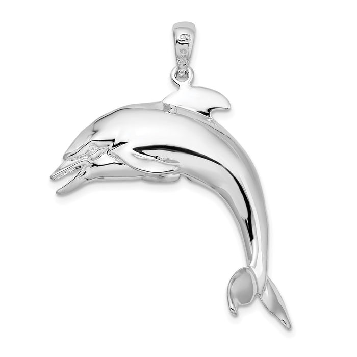 Million Charms 925 Sterling Silver Nautical Sea Life  Charm Pendant, Large 3-D Dolphin Jumping, High Polish