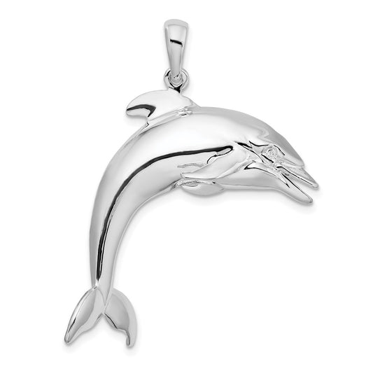 Million Charms 925 Sterling Silver Nautical Sea Life  Charm Pendant, Large 3-D Dolphin Jumping, High Polish