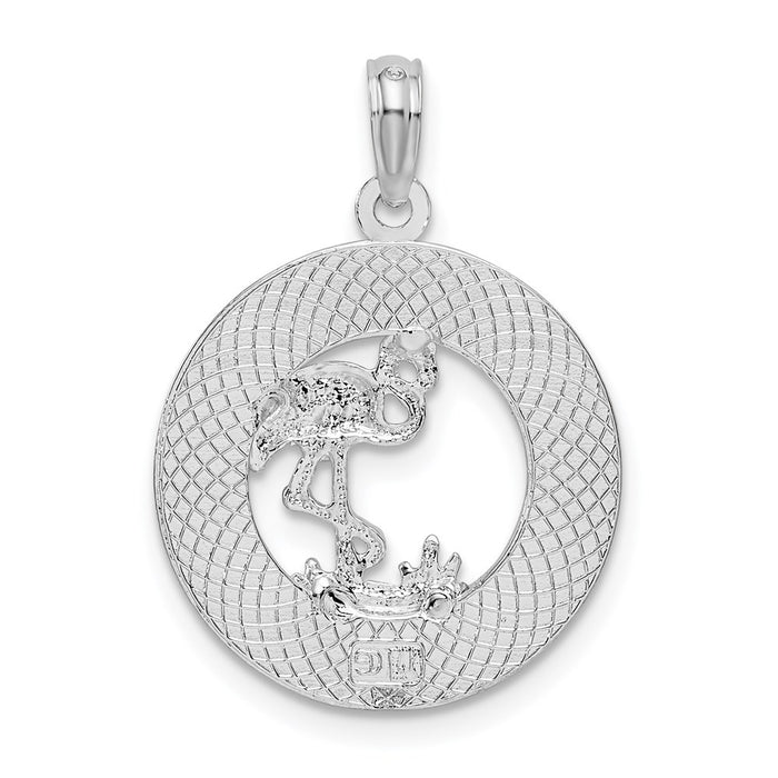 Million Charms 925 Sterling Silver Travel Charm Pendant, Turks & Caicos On Round Frame with Flamingo Center