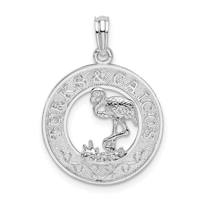 Million Charms 925 Sterling Silver Travel Charm Pendant, Turks & Caicos On Round Frame with Flamingo Center