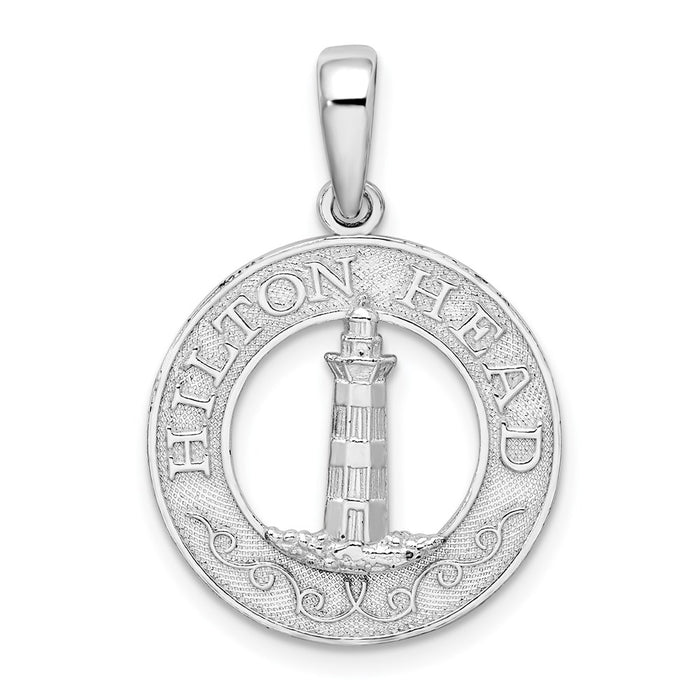 Million Charms 925 Sterling Silver Travel Charm Pendant, Hilton Head On Round Frame with Lighthouse Center