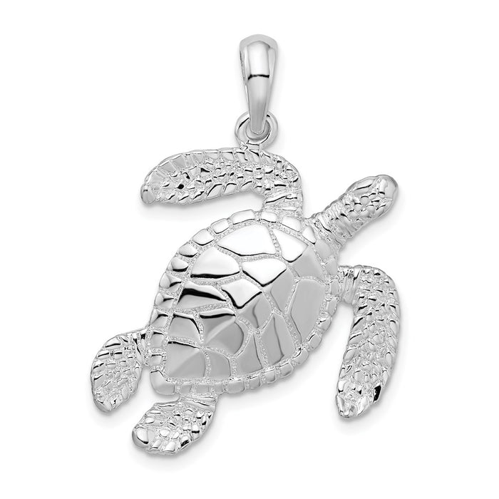 Million Charms 925 Sterling Silver Animal   Charm Pendant, Large  Swimming Sea Turtle, High Polish & Textured