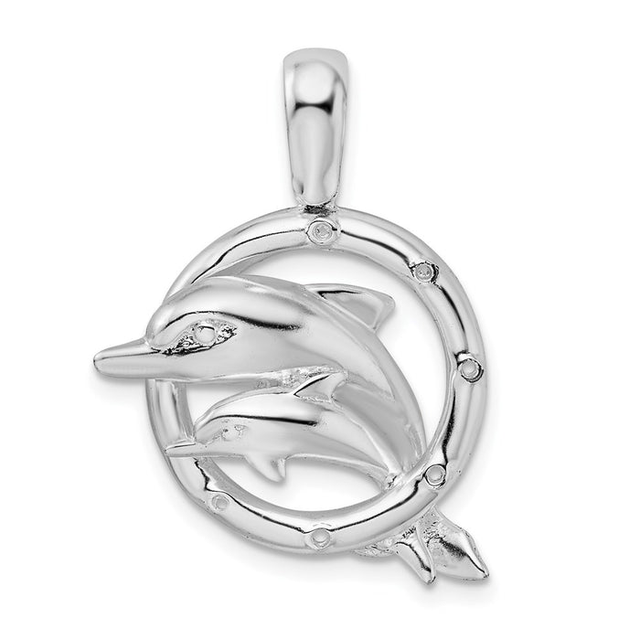 Million Charms 925 Sterling Silver Nautical Sea Life  Charm Pendant, Double Dolphins Jumping Thru A Hoop