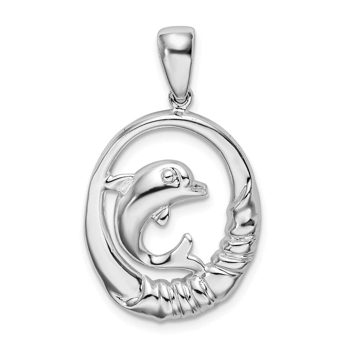 Million Charms 925 Sterling Silver Nautical Sea Life  Charm Pendant, Dolphin Sitting In Round Frame, High Polish & Textured