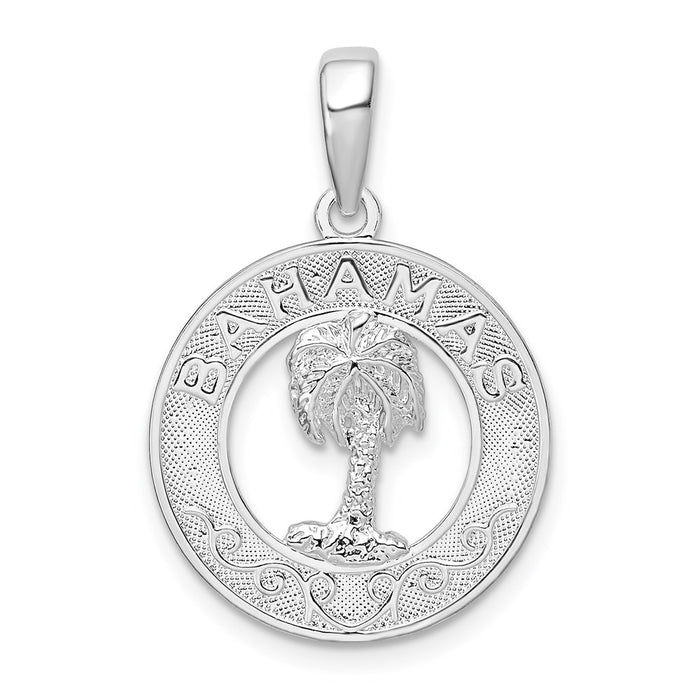 Million Charms 925 Sterling Silver Travel Charm Pendant, Bahamas On Round Frame with Palm Tree Center