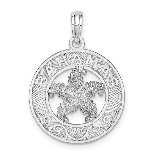 Million Charms 925 Sterling Silver Travel  Charm Pendant, Bahamas On Round Frame with Starfish Center