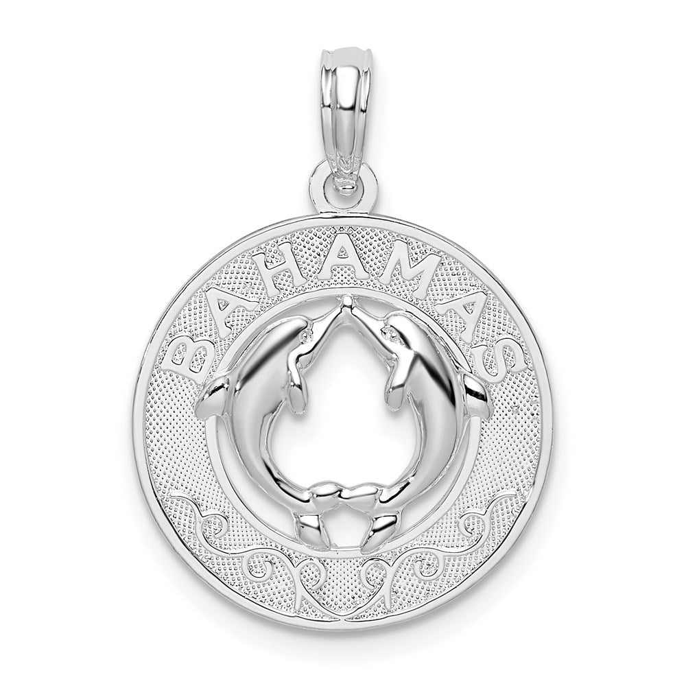 Million Charms 925 Sterling Silver Travel Charm Pendant, Bahamas On Round Frame with Dolphins In Center