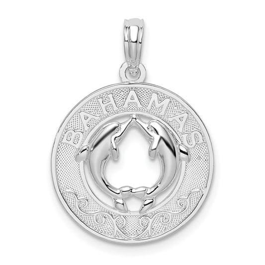 Million Charms 925 Sterling Silver Travel Charm Pendant, Bahamas On Round Frame with Dolphins In Center