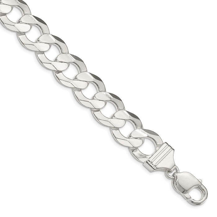 Million Charms 925 Sterling Silver 13.8mm Concave Beveled Curb Chain, Chain Length: 9 inches