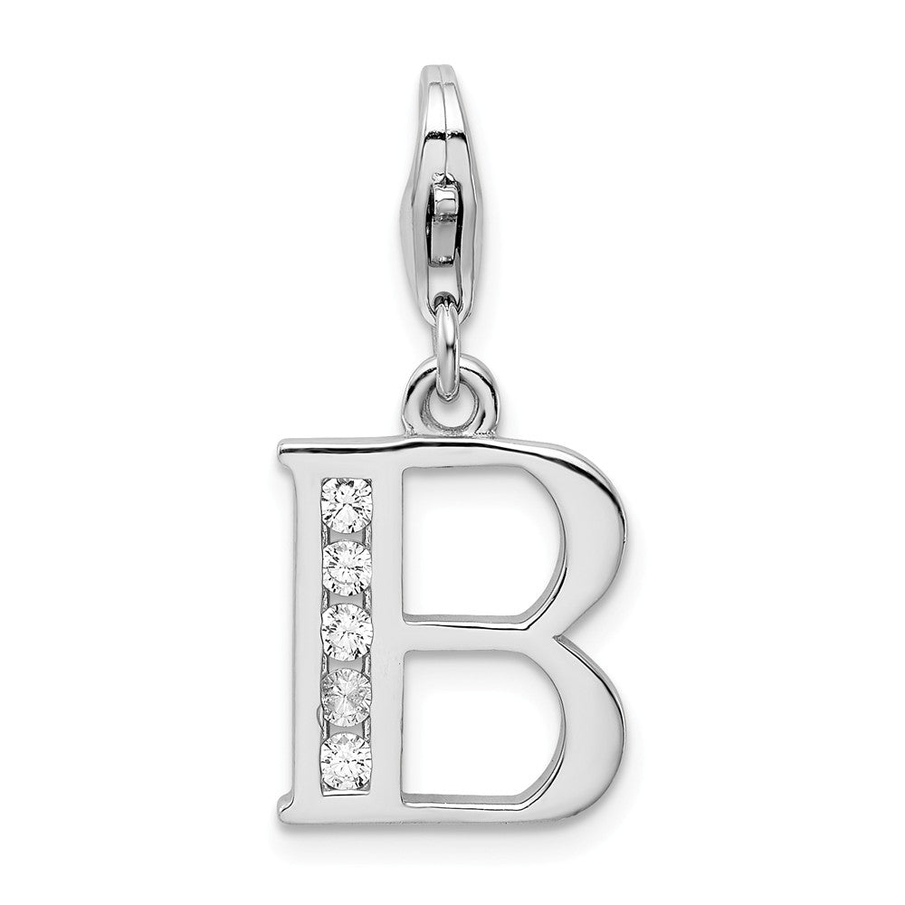 Million Charms 925 Sterling Silver Rhodium-Plated (Cubic Zirconia) CZ Letter B With Lobster Clasp Charm