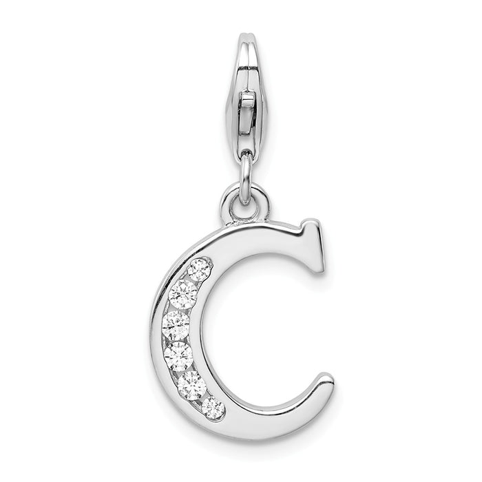 Million Charms 925 Sterling Silver Rhodium-Plated (Cubic Zirconia) CZ Letter C With Lobster Clasp Charm