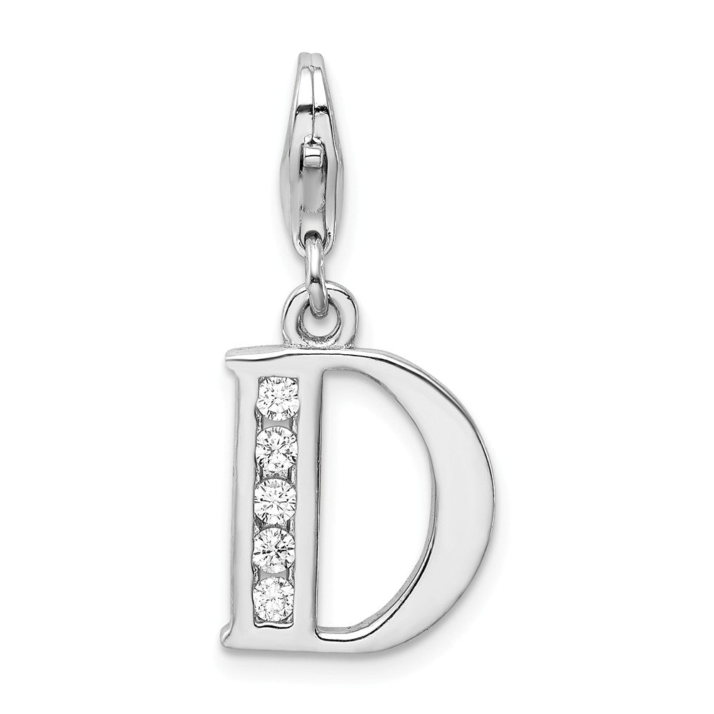 Million Charms 925 Sterling Silver Rhodium-Plated (Cubic Zirconia) CZ Letter D With Lobster Clasp Charm