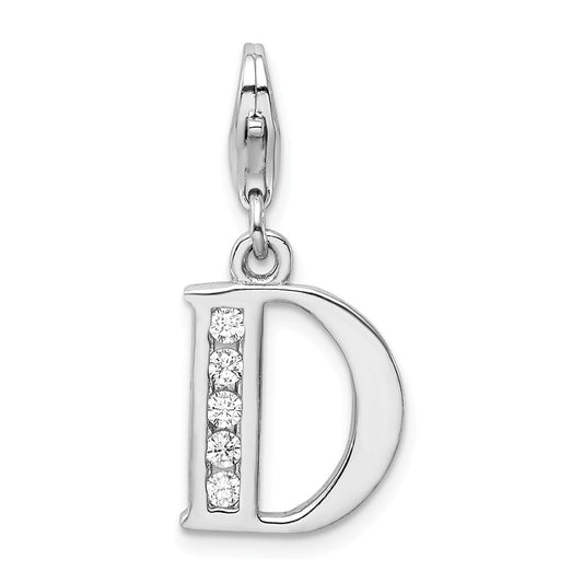 Million Charms 925 Sterling Silver Rhodium-Plated (Cubic Zirconia) CZ Letter D With Lobster Clasp Charm
