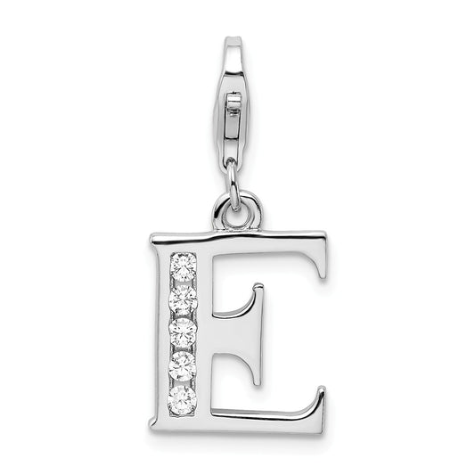 Million Charms 925 Sterling Silver Rhodium-Plated (Cubic Zirconia) CZ Letter E With Lobster Clasp Charm